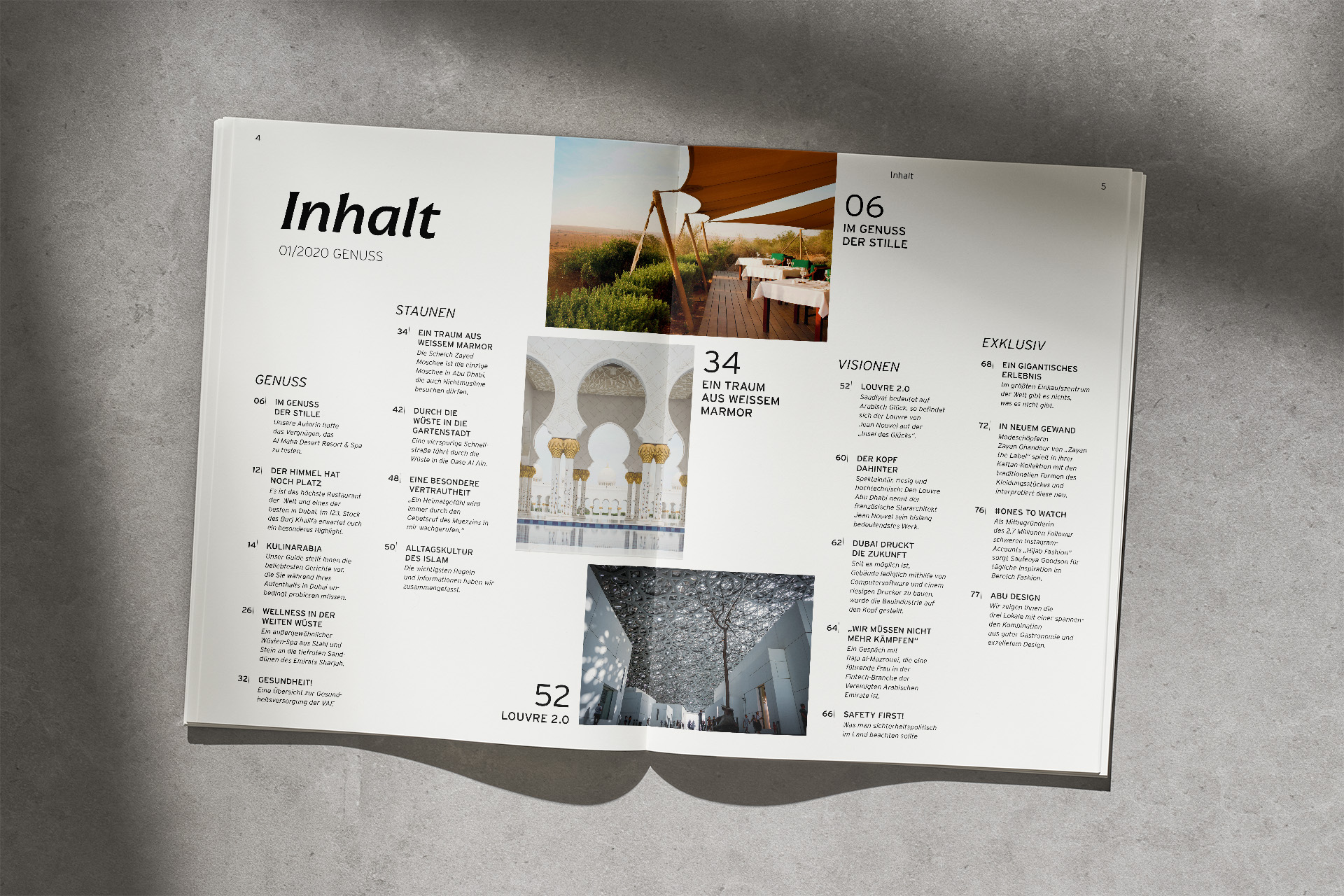 Magazin geöffnet Magazingestaltung Editorial Design Inhaltsverzeichnis Vereinigte Arabische Emirate Reisemagazin Doppelseite