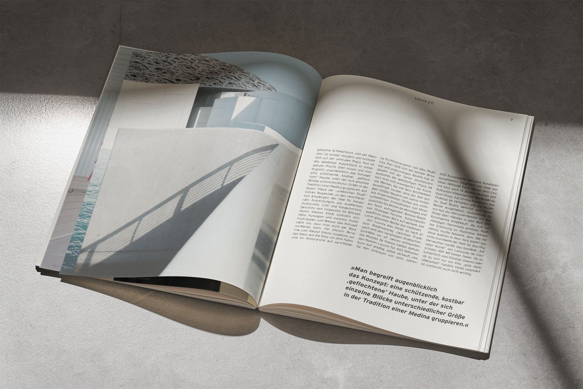Magazin geöffnet Magazingestaltung Editorial Design Foto Layout Text dreispaltig modern schlicht clean Vereinigte Arabische Emirate Reisemagazin Doppelseite