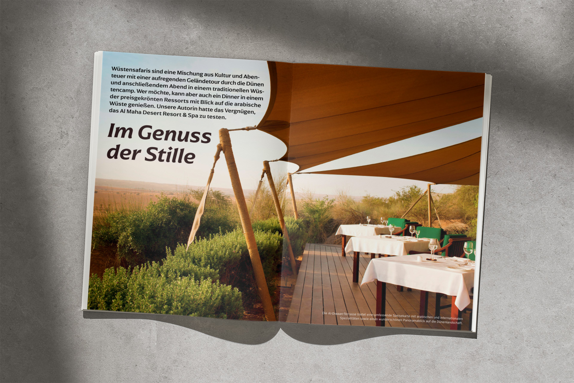 Magazin geöffnet Magazingestaltung Editorial Design Foto Layout Text Headline Anleser im Genuss der Stille modern schlicht clean Vereinigte Arabische Emirate Reisemagazin Doppelseite