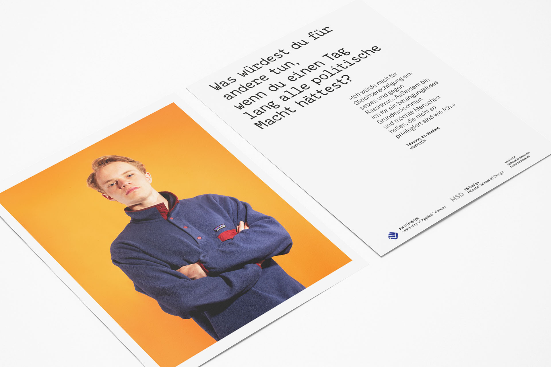 Postkarte mit Portrait von Mann auf der Vorderseite und Interview auf der Rückseite