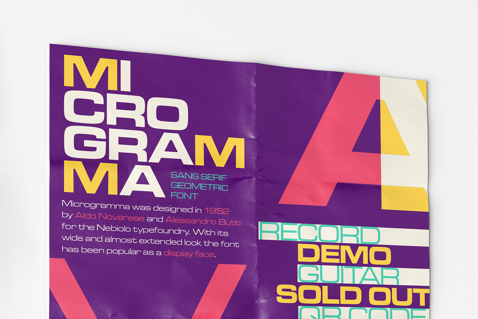Faltplakat mit Schriftmuster der Typografie Microgramma