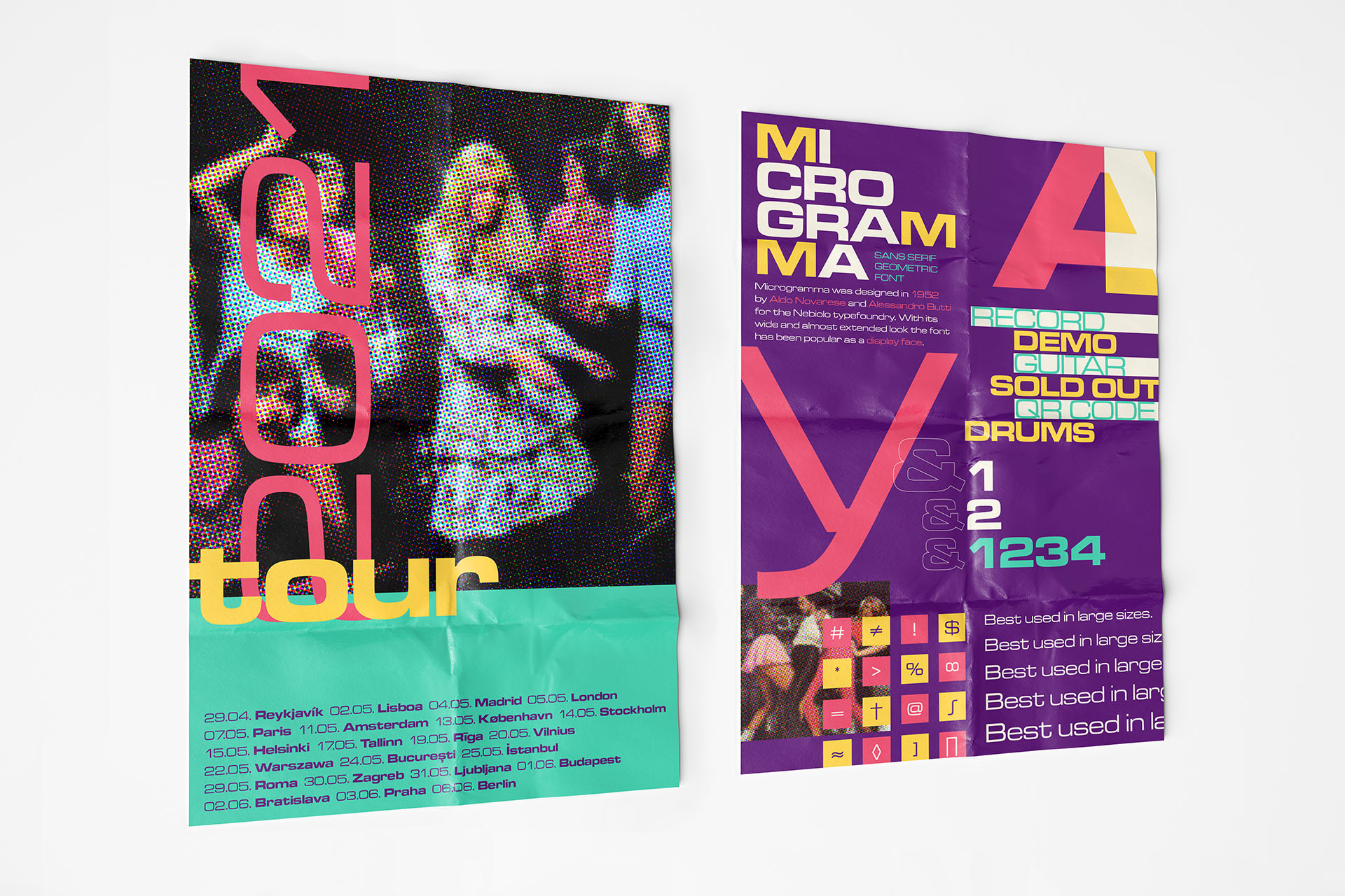 zwei Poster nebeneinander Faltplakat Posterdesign Schriftmuster Microgramma bunt Grafikdesign